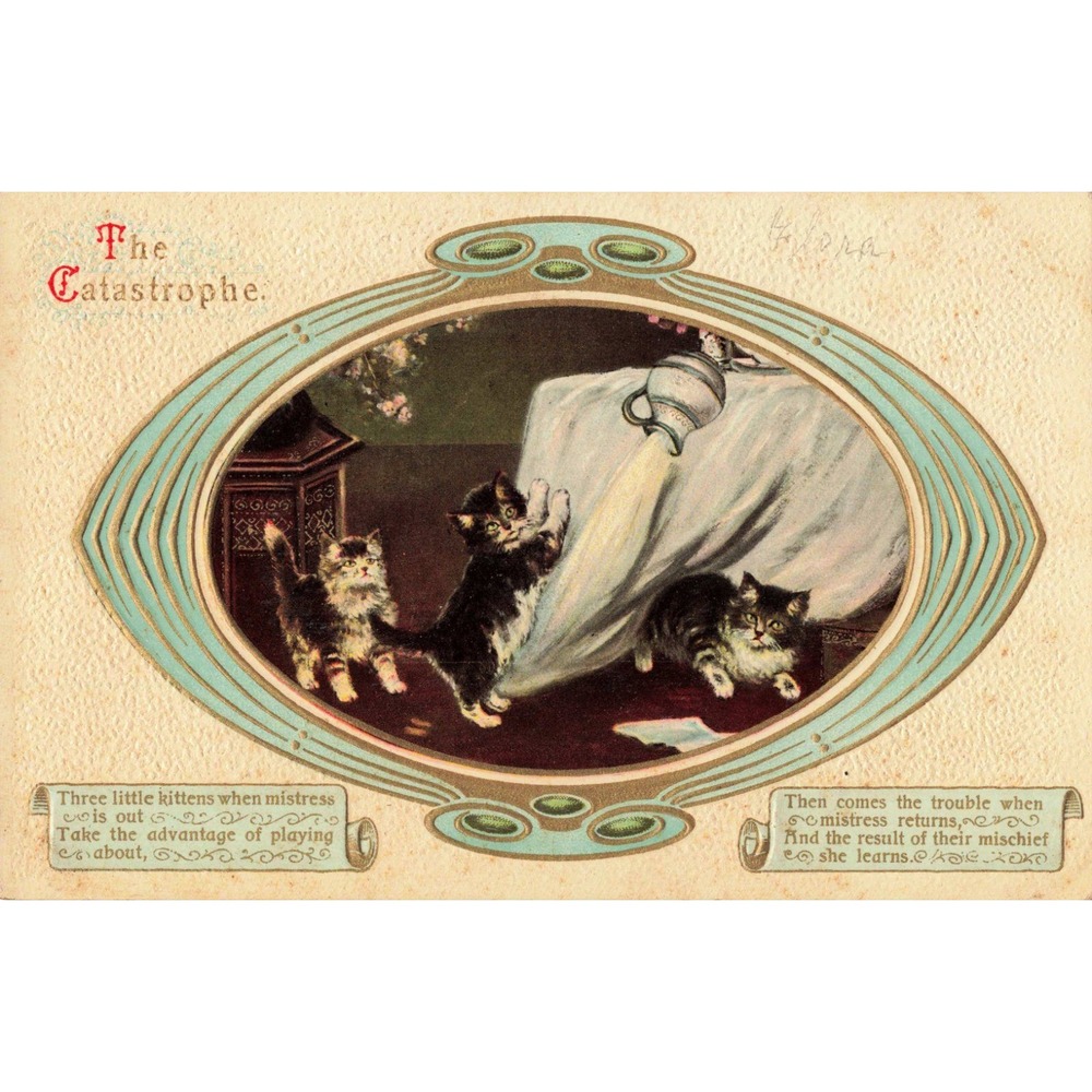 Antique Postcard The Catastrophe Three Little Kittens Saxony Embossed Serie 4300